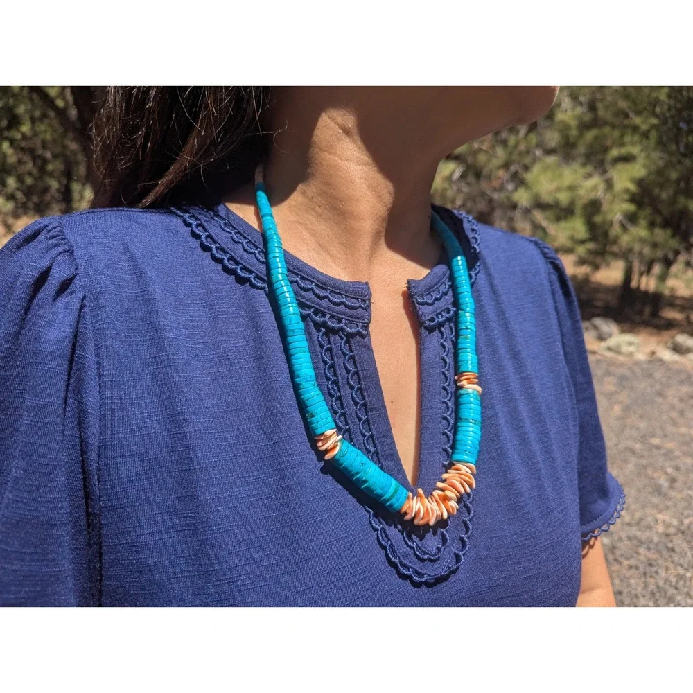 Native American Necklace‎ Flat Disc Graduated Turquoise Heishi Beaded Jewelry **